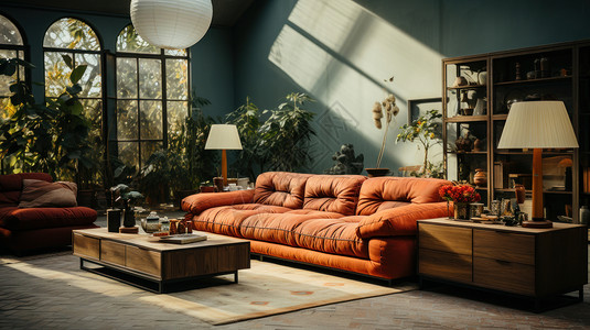 复古怀旧风客厅装修放着橙色复古沙发图片