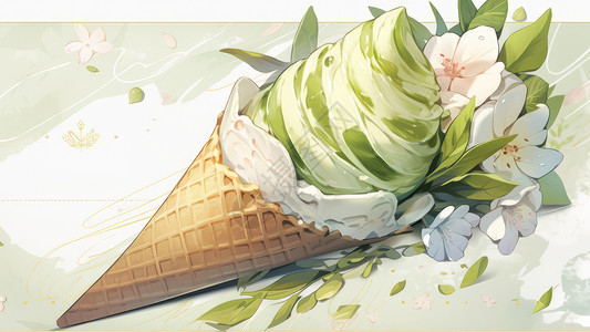 抹茶冰激凌小清新卡通绿色花朵卡通甜筒插画