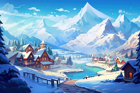 冬日群山的白雪皑皑的村庄插画高清图片