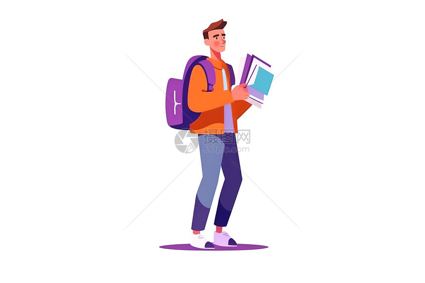 开学季男大学生背着背包手里拿书图片