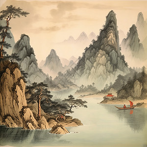 中国传统山水画古风诗意场景高清图片
