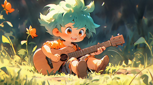 二次元音乐卡通坐在草地上的男孩插画