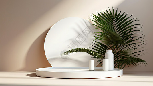 电商产品展示圆形棕榈叶装饰柔和3D设计图片