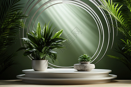现代简约圆形白色平台绿植装饰简约3D背景图片