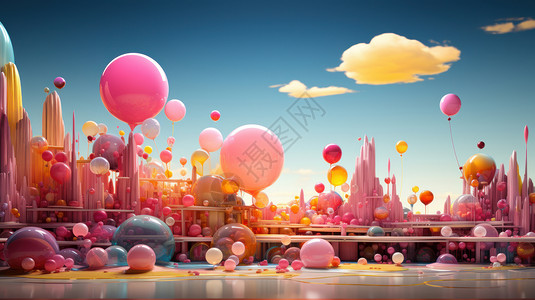 彩色气球房子超现实满是彩色气球的大桥插画