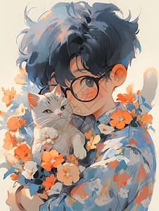 复古碎花衬衫小男孩抱着猫插画背景图片