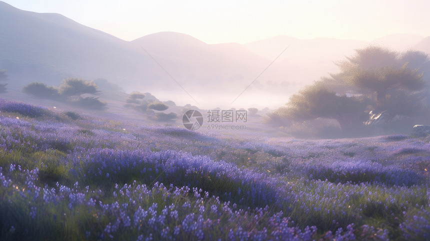 山川云雾中一片美丽的紫色小花风景图片