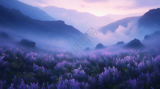 唯美的山中一片美丽的紫色小花清晨云雾风景图片