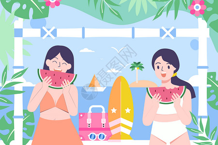 夏季夏至海边吃西瓜图片