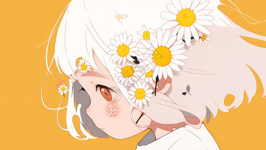 头戴小雏菊花朵可爱的短发卡通女孩图片