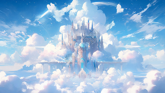 复古欧式梦幻卡通城堡蓝天白云上背景图片