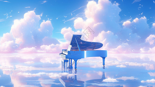 梦幻钢琴平静的海面上摆着梦幻卡通钢琴插画
