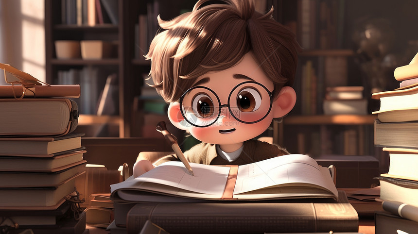 戴眼镜在书房写作业的卡通男孩看着笔在自动写作业图片