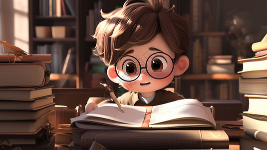 戴眼镜在书房写作业的卡通男孩看着笔在自动写作业图片