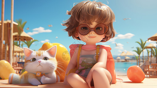 浅咖色戴着咖色墨镜与卡通猫在海边度假的卡通小女孩插画