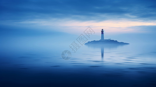 平静的海面上一座在小岛上的灯塔背景图片