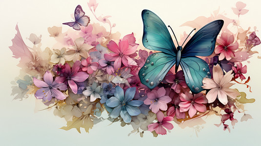 小清新漂亮的卡通花朵与飞舞的蝴蝶图片