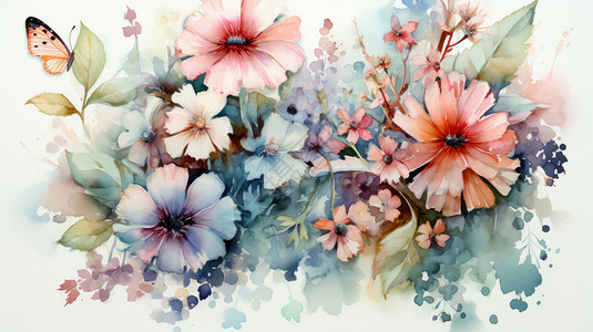 唯美小清新水彩花朵与漂亮小蝴蝶背景图片