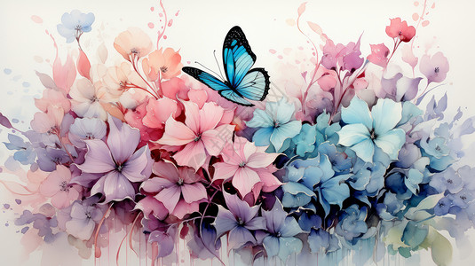 唯美水彩渐变色漂亮的花朵与蝴蝶背景图片