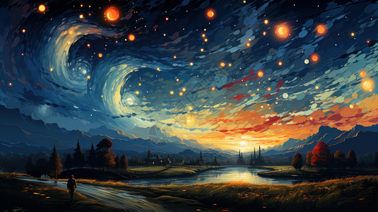 傍晚的星空迷人魅力的卡通景色背景图片