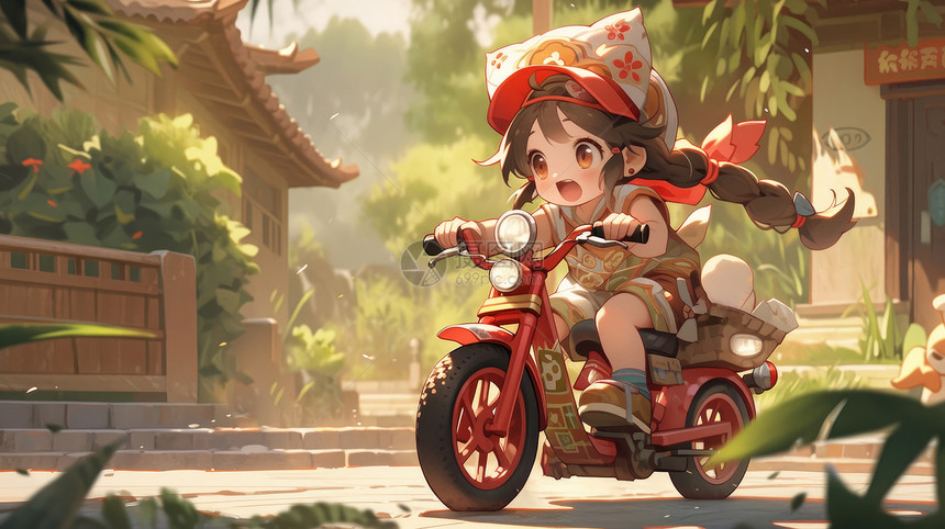骑自行车的卡通女孩飞奔在院子中图片
