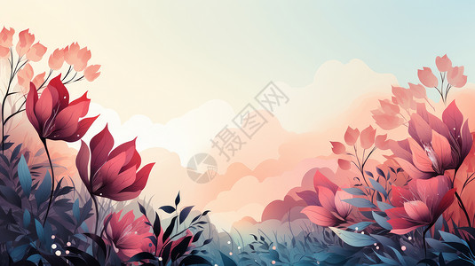小清新红色卡通花朵植物背景图片