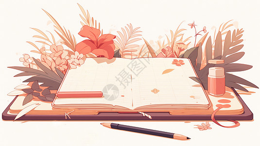 打开的本子旁边一根笔卡通花朵植物围绕在本子上背景图片