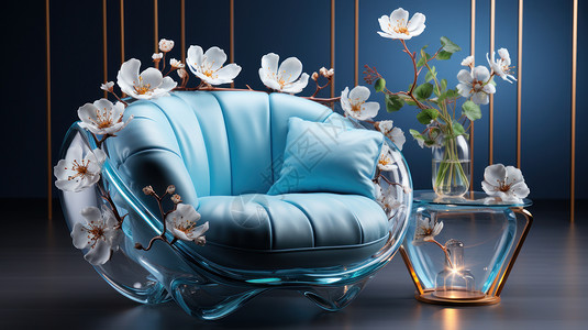 真皮椅子透明水晶蓝色真皮花朵沙发在客厅插画