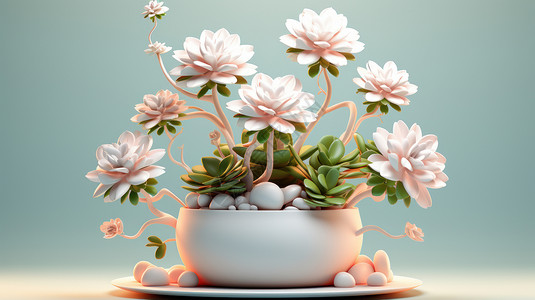 白色花盆中开粉色花朵可爱的多肉植物图片