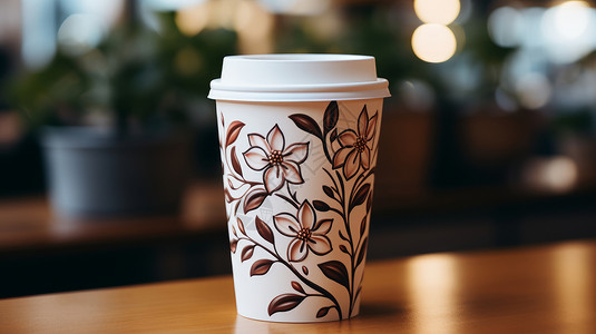 雕花咖啡白色纸杯小清新花朵纹理插画