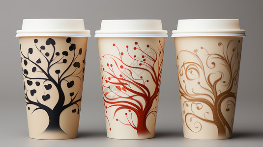 雕花咖啡三只不同树装饰画造型的纸杯插画