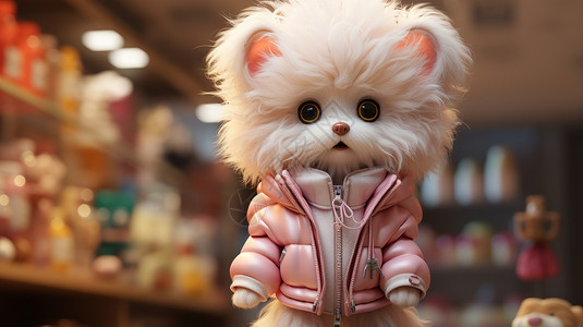 穿着粉色皮衣在商店中毛茸茸的拟人化卡通小白狗背景图片
