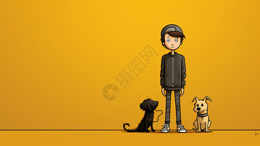 站着发呆的卡通男孩与一只卡通黑狗和卡通白狗背景图片