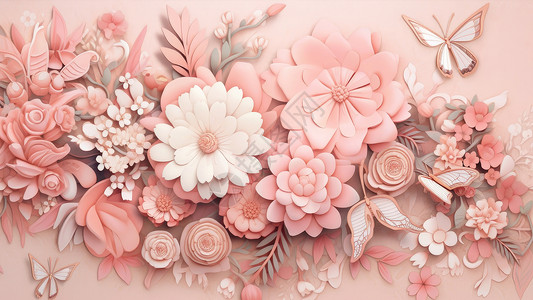 小清新唯美立体粉色卡通花朵与蝴蝶背景图片