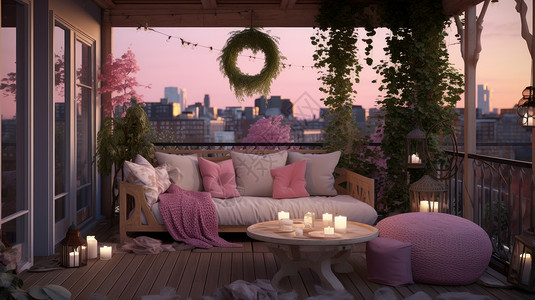 室内大空间傍晚阳台上一把双人木椅温馨装饰休闲空间插画