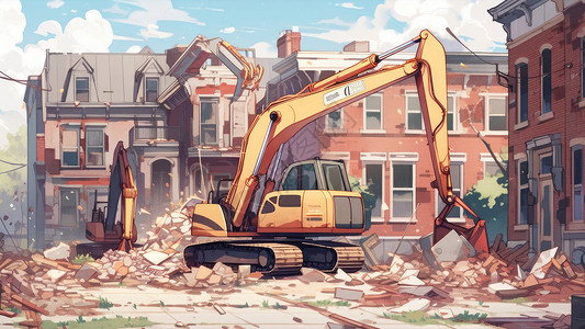 卡通工程车在木房子前施工拆房子高清图片
