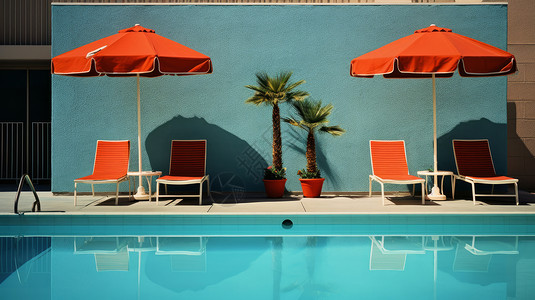 清澈的户外泳池旁几把红色休闲椅与太阳伞图片