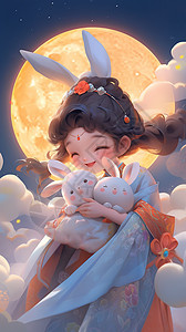 中秋节可爱嫦娥小仙女和玉兔背景图片