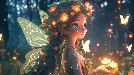 手捧发光花朵在梦幻森林中的长发卡通女孩背景图片