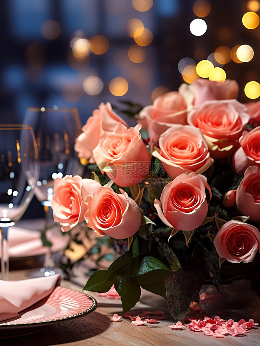 情人节浪漫晚餐玫瑰花束图片