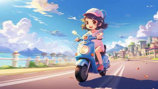 骑车出行的女孩在城市道路上骑电动车的卡通小女孩插画