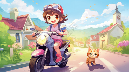 绿道跑步在乡村道路上骑电动车开心笑的卡通小女孩与一只奔跑的猫插画