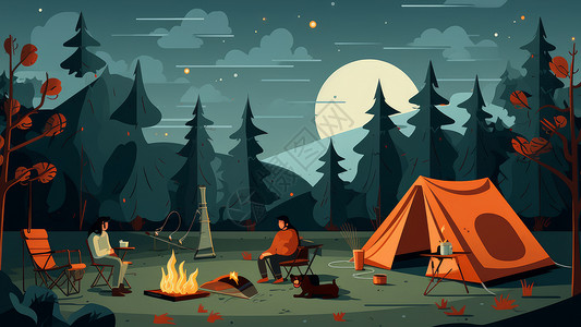 木火卡通露营夜晚在森林中帐篷外享受篝火的人插画