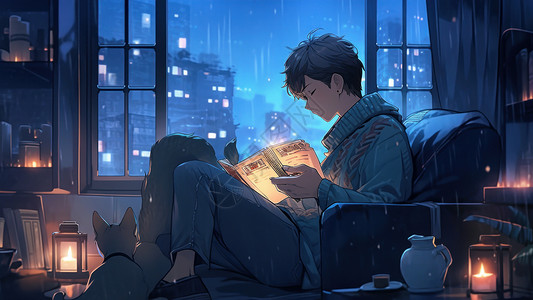 夜晚在窗前看书的年轻卡通大男孩背景图片