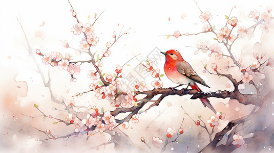 开满花朵的树枝上站着一只小鸟水墨风高清图片