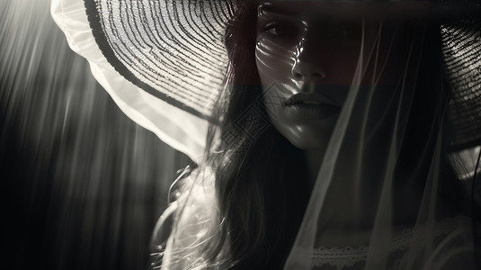 黑白艺术照片戴着帽子时尚冷淡风年轻女人插画