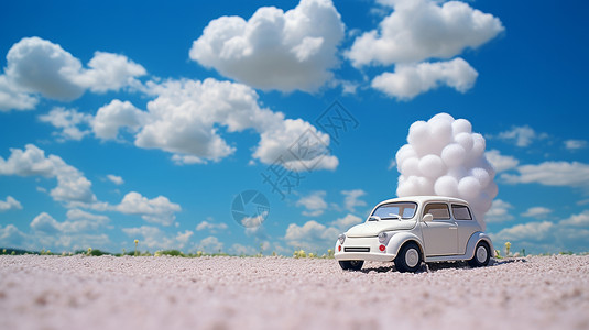 迷你小汽车拉着云朵的可爱白色卡通小汽车在野外白色沙地上插画