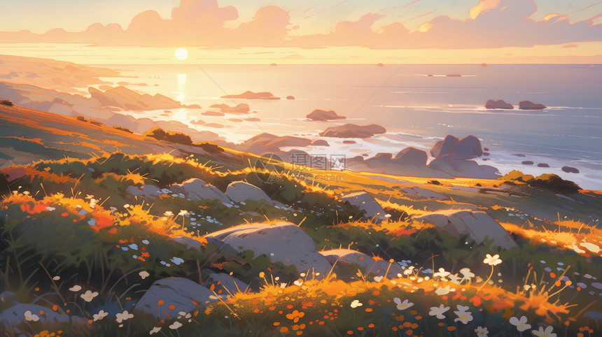 温暖的夕阳照在开满鲜花的山坡上唯美卡通风景图片