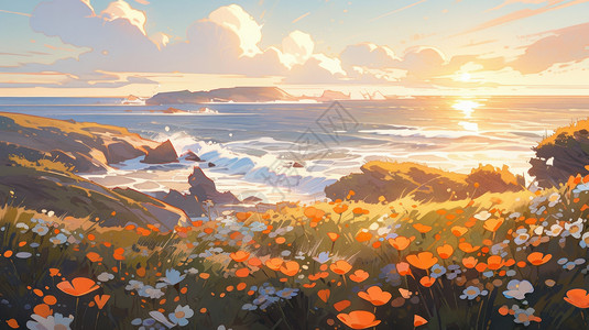 海边开满鲜花的山坡映衬着美丽的夕阳卡通风景高清图片
