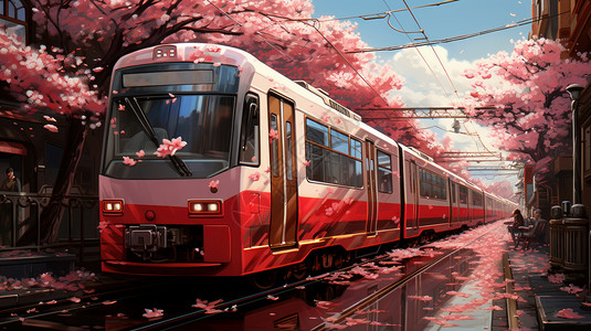 卡通火车从开满粉色花朵的树下开过治愈高清图片素材